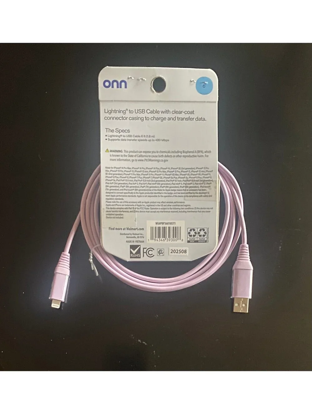 Onn 6ft Lightning to USB Charging Cable Light Purple